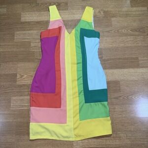Women's S Sleeveless Colorblock Dress Party Sexy Cocktail Stretch V Neck Retro